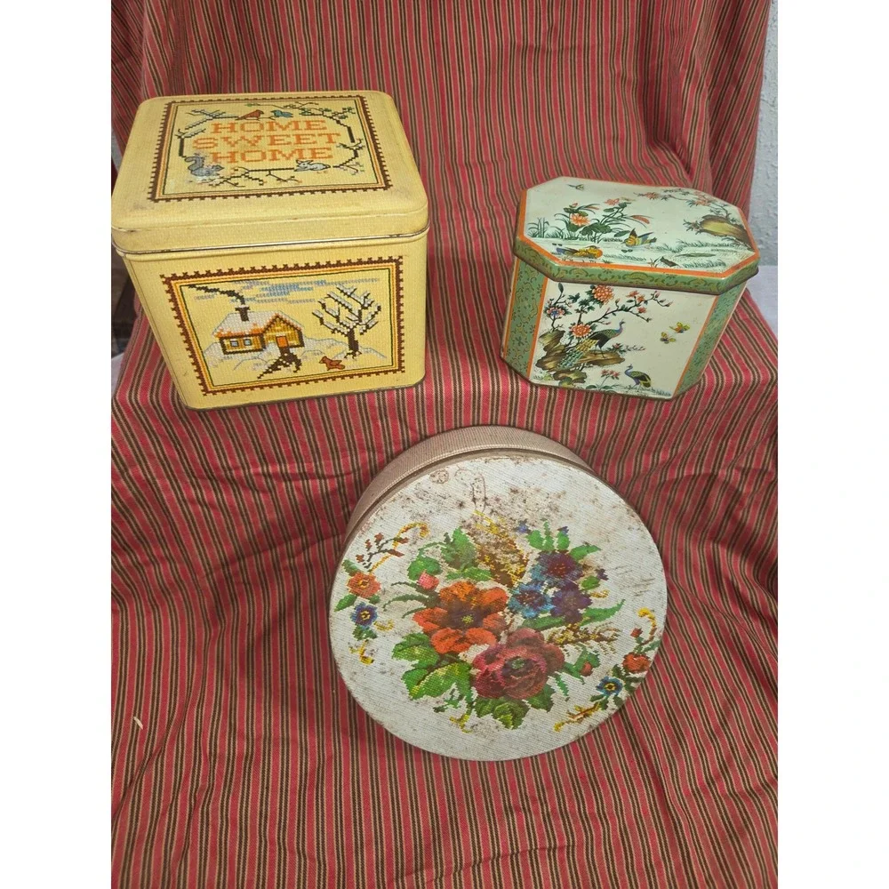 Vintage Metal Tin Lot Home Sweet Home Cross Stitch Chinoiserie Floral 3pc Set